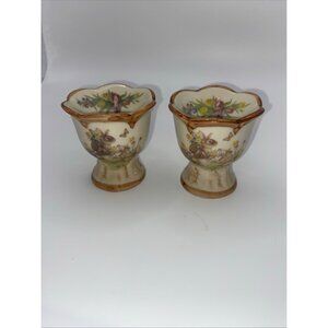 Vintage Ceramic Bunny Floral Egg Cups Set Of 2 With Scalloped Edges